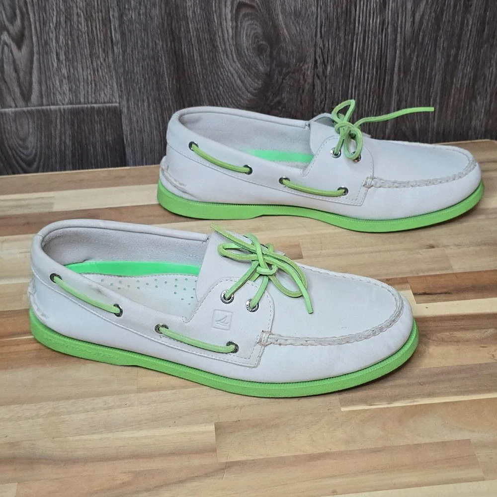 Sperry Authentic Original Boat Shoe 11 White Green Mens Leather